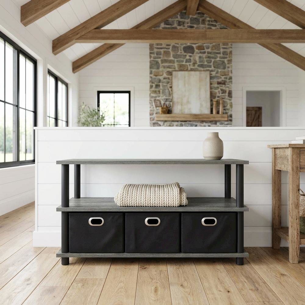 French Oak and Black Coffee Table with Bin Drawers Turn-N-Tube Frame