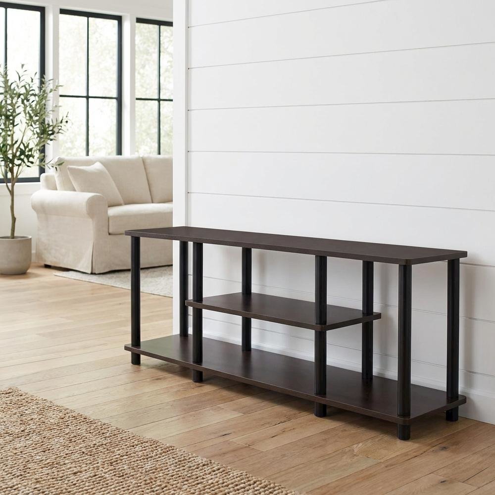 Dark Brown/Black 3-Tier TV Stand with Composite Wood and Plastic Poles