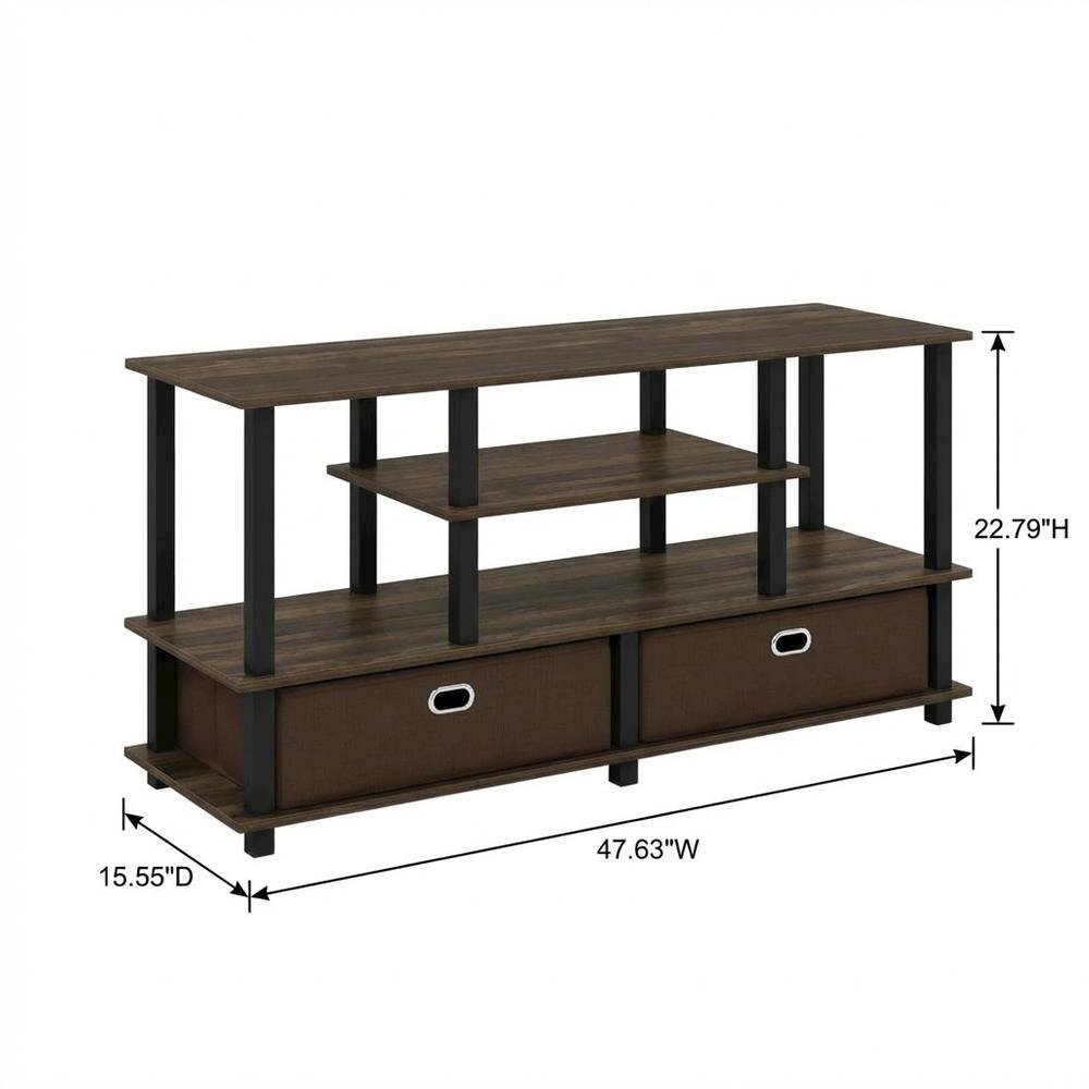 Wood TV stand for up to 50-inch with storage bin in dark brown and black finish