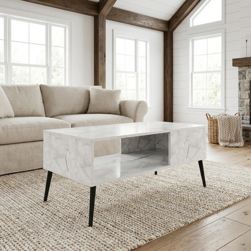 Marble White Coffee Table with Wood Legs Mid Century Style Design