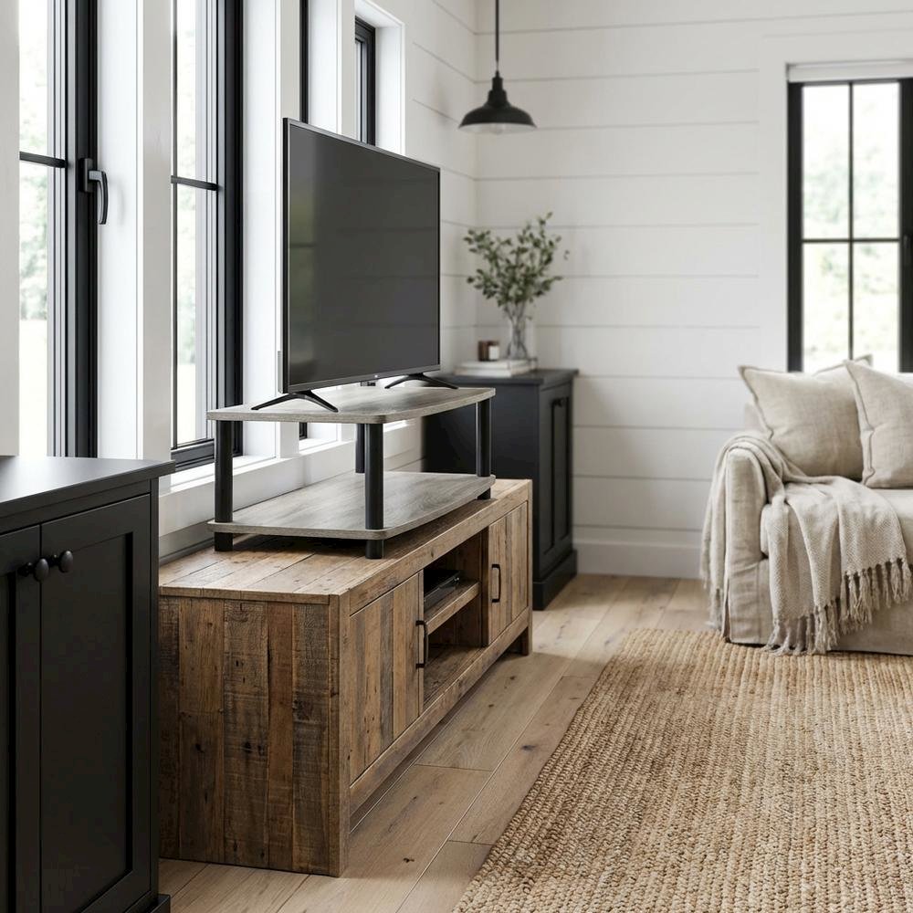 Elevated TV Stand with No Tools Assembly in French Oak Grey and Black Finish