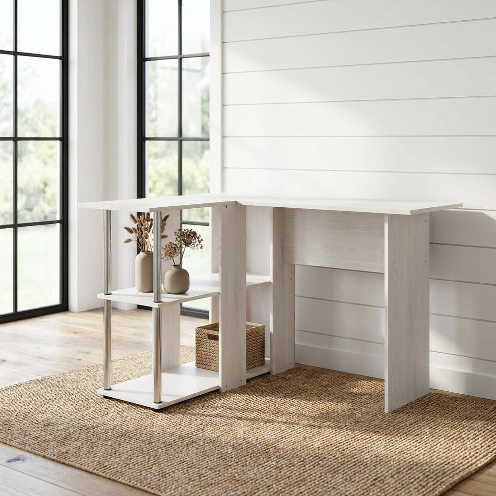 White Oak L-Shape Desk, Bookshelf And Stainless Steel Tubes For Office Spaces