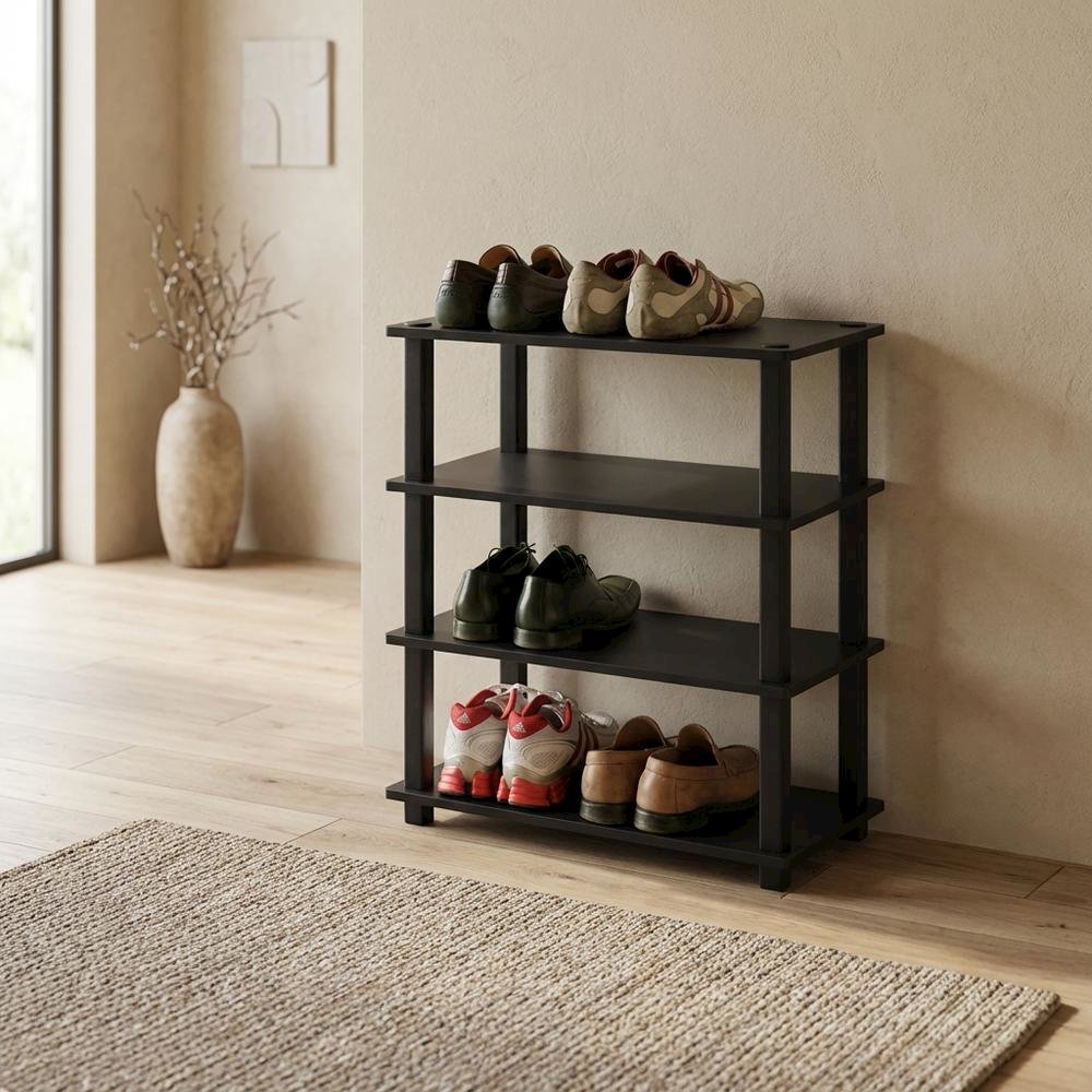 Brown 4-Tier Shoe Rack, Composite Wood, PVC Tubes, Tool-Free Assembly
