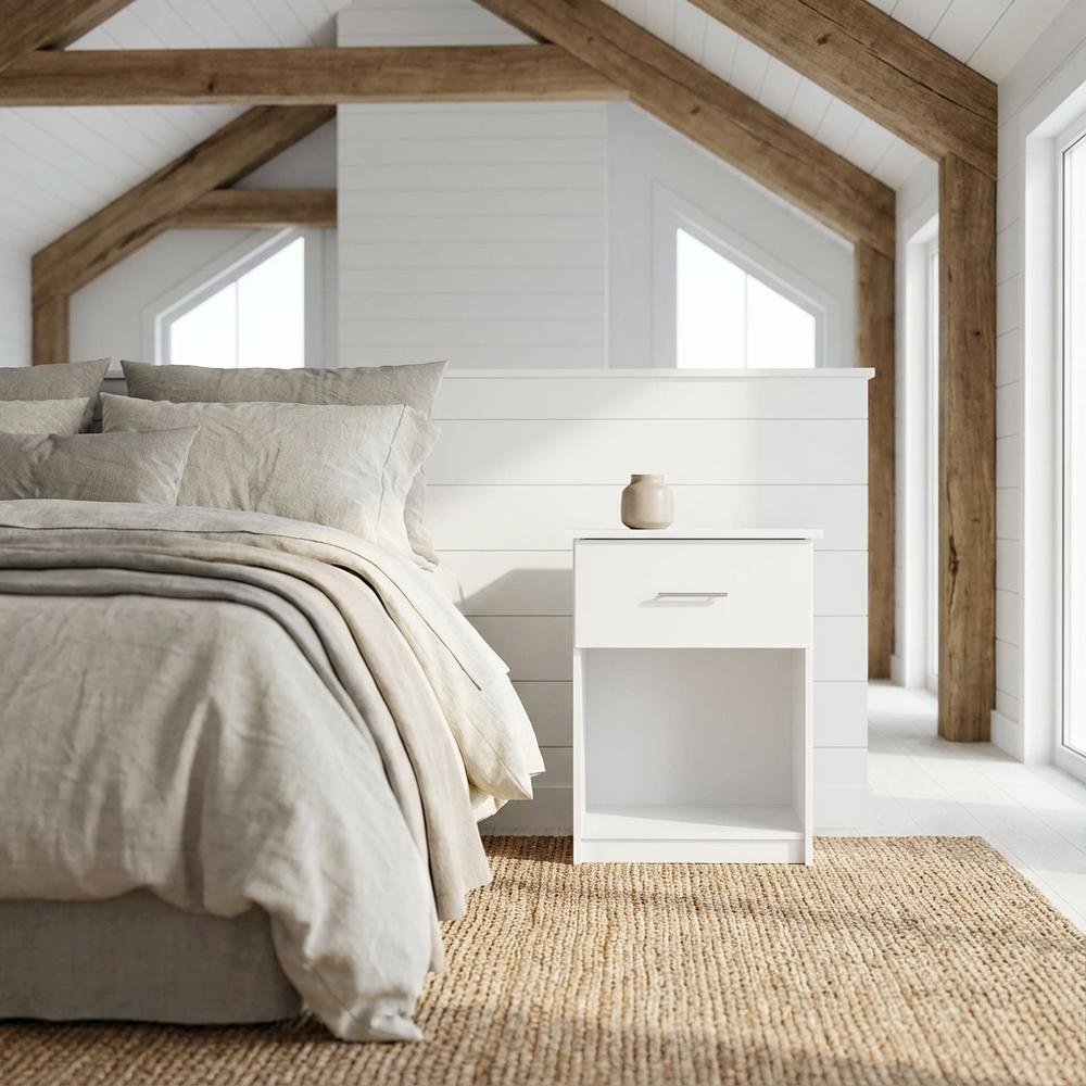 White Nightstand with Handle and Spacious Drawer for Bedroom Storage