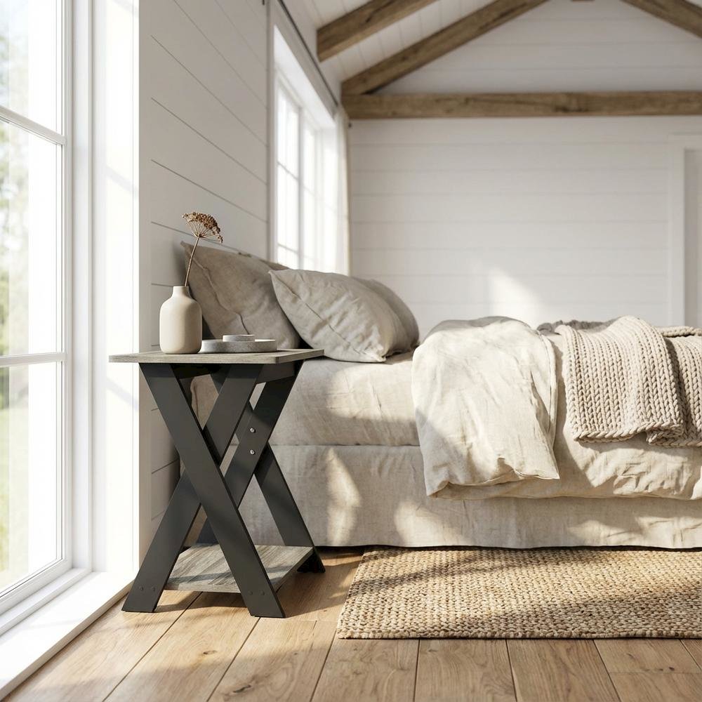 French Oak and Black Nightstand with Modern Cross Design