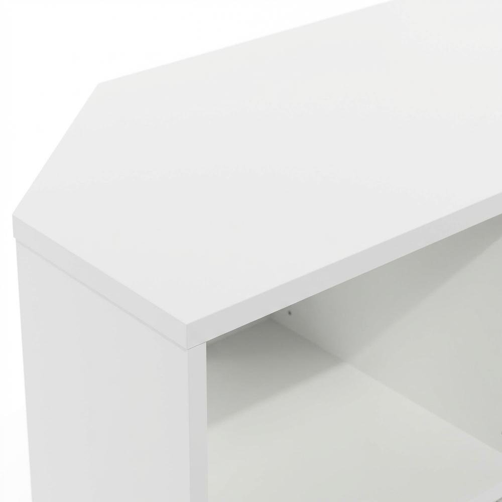 White Corner Fireplace TV Stand with 4 Open Storage Compartments in Wood Finish