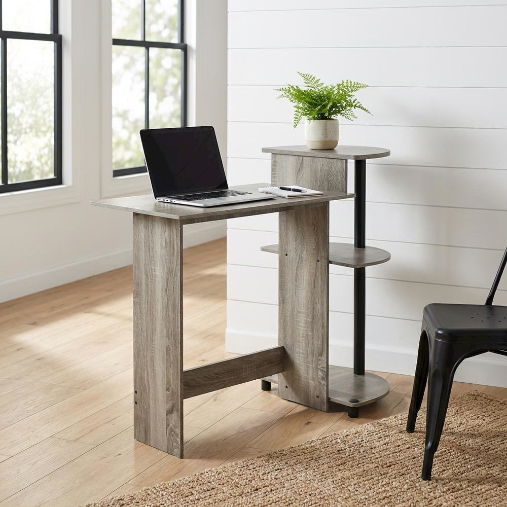 Compact Computer Desk in French Oak Grey, Black, Sleek Design, Sturdy