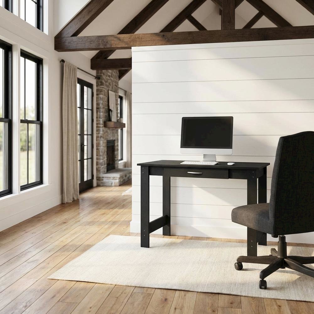 Darkwood Office Desk With H-Legs And Drawer For Workspace