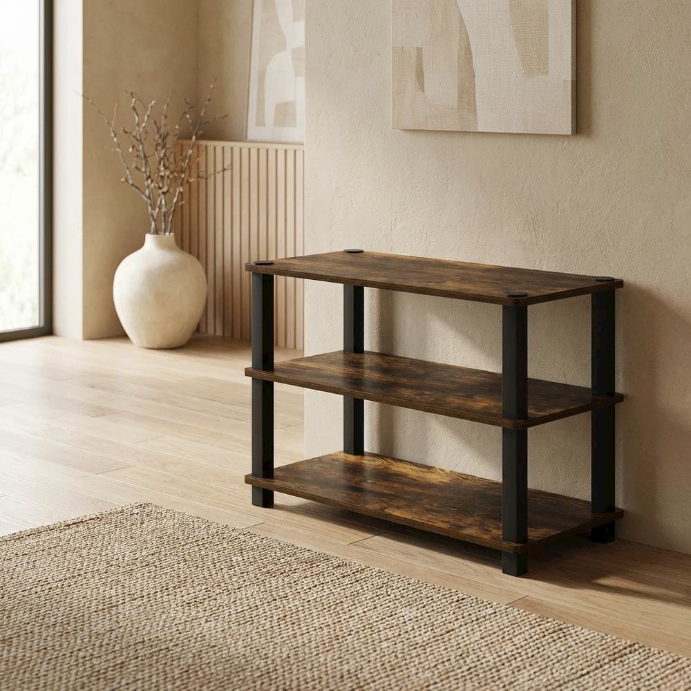 Brown 3-Tier Shoe Rack, Amber Composite Wood, PVC Tubes, Tool-Free