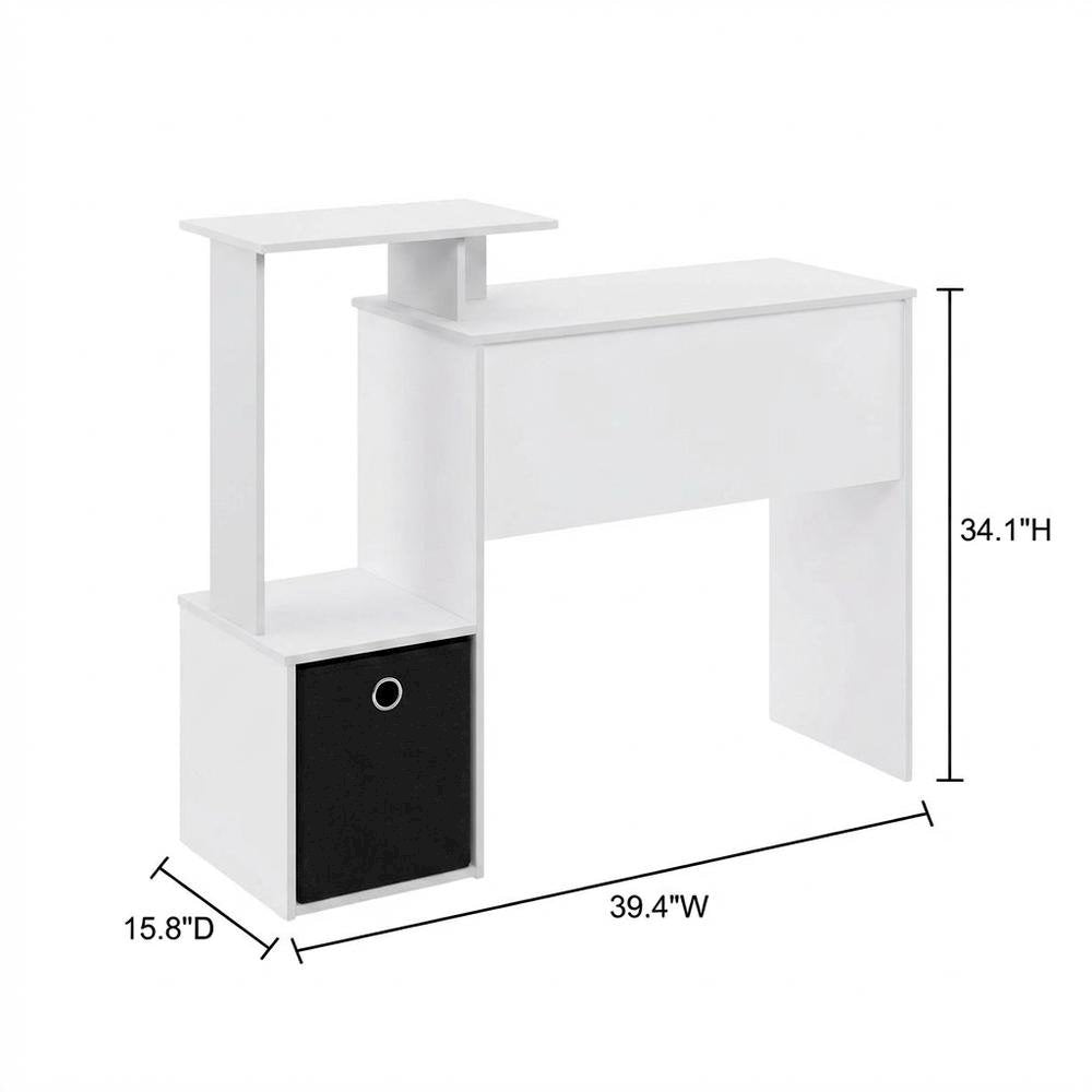 White gaming desk with keyboard tray, side shelves,, storage bin for home office