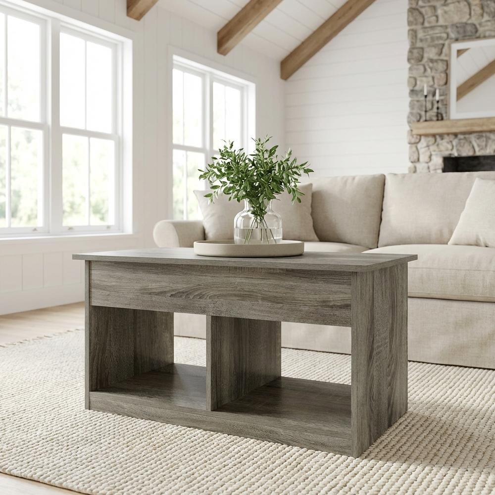 French Oak Gray Lift Top Coffee Table, Storage Compartment, Durable Surface