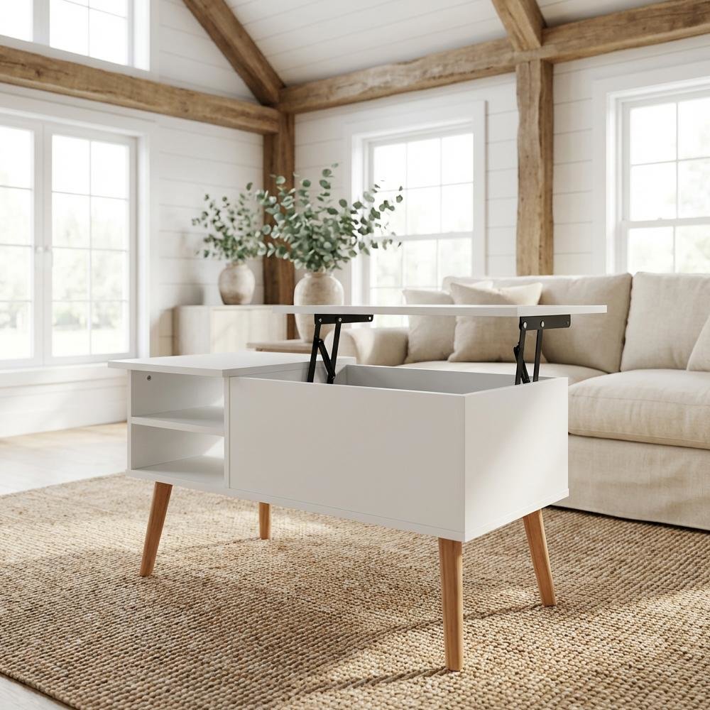 White Coffee Table with Hidden Compartment and Open Side Shelf Storage