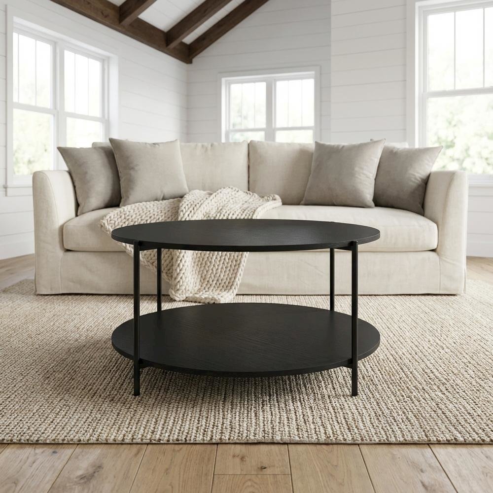 Modern Round Coffee Table Americano with 2-Tier Design and Sturdy Metal Legs