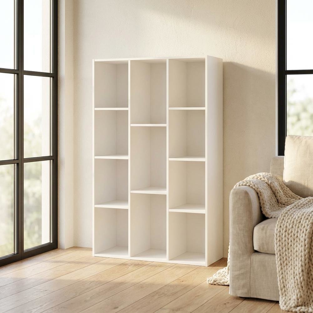White 11-Cube Reversible Open Shelf Bookcase, Wooden Finish for Flexible Storage