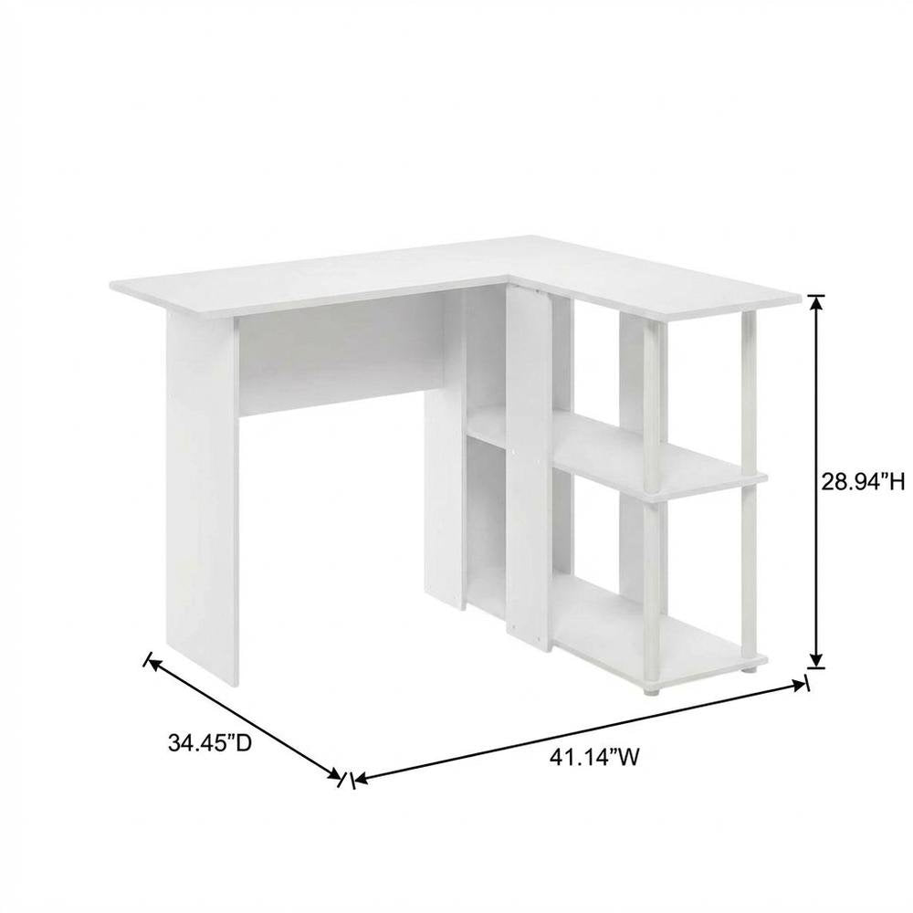 White L-Shape Desk with Bookshelf and Spacious Workspace