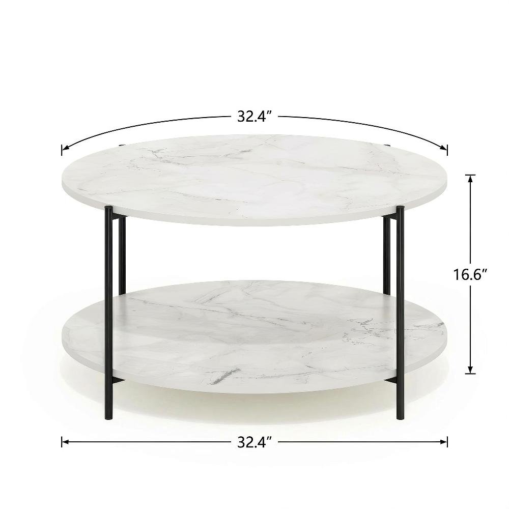 Round Marble White 2-Tier Coffee Table with Sturdy Metal Legs and Storage Space