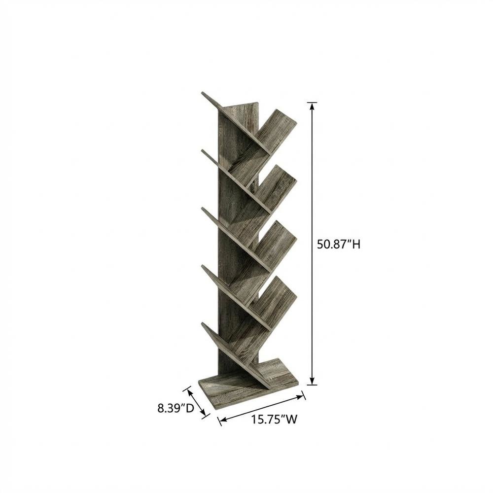 Grey Oak 9-Tier Floor Standing Bookcase with Sturdy Wood Construction