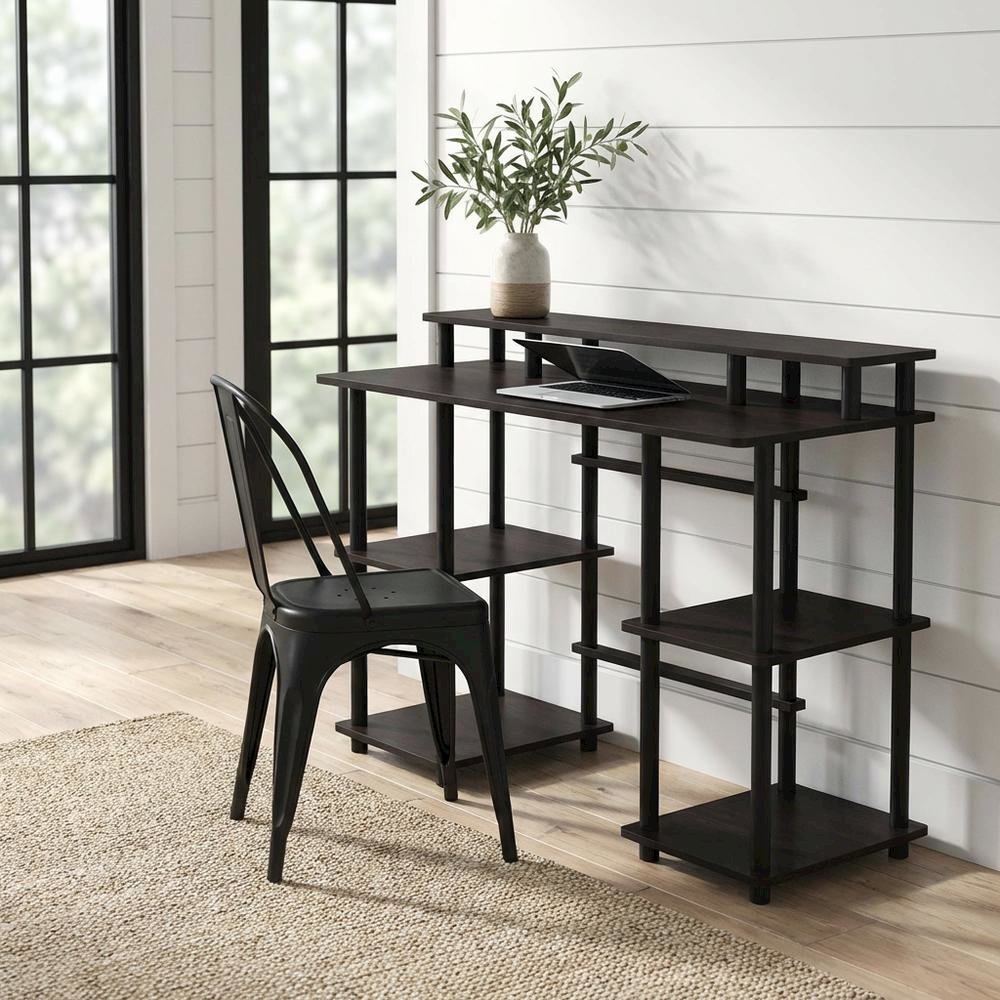 Espresso And Black Computer Desk With Top Shelf For Office Spaces