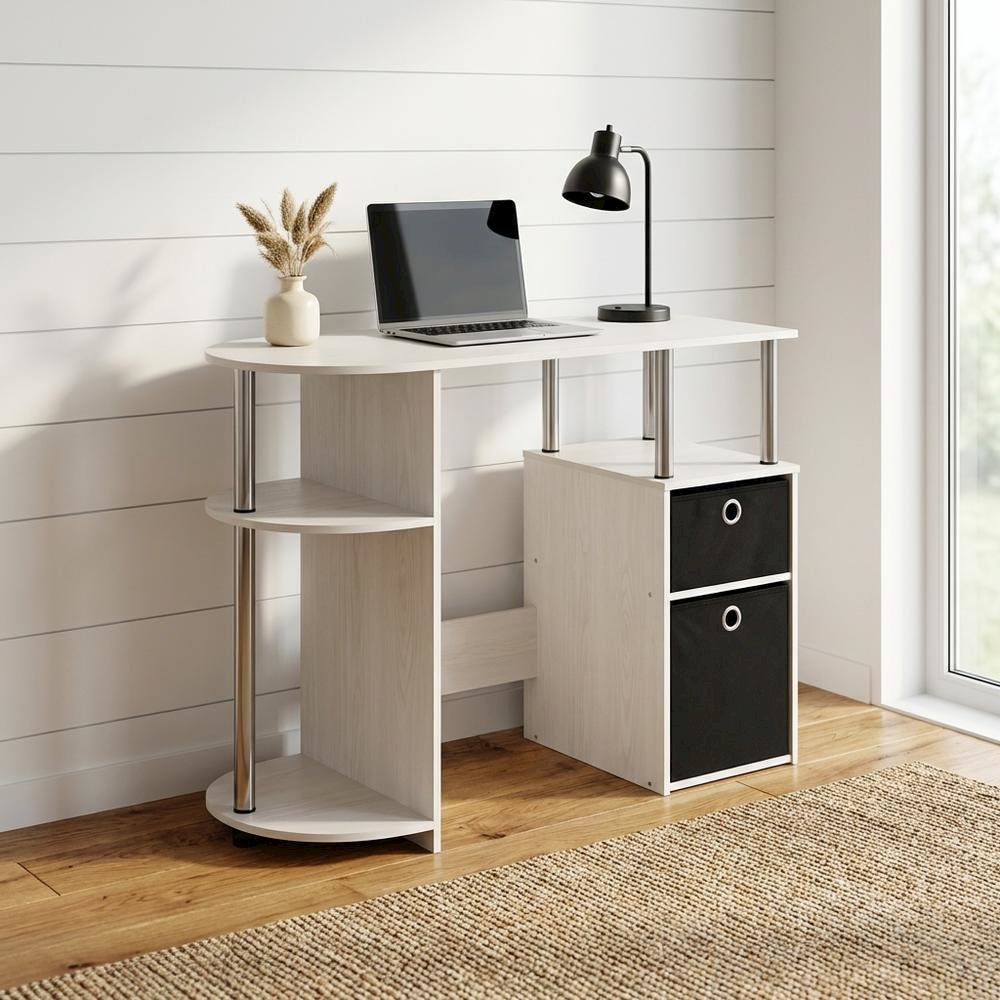 White Oak Study Desk With Bin Drawers And Steel Tubes For Home Office