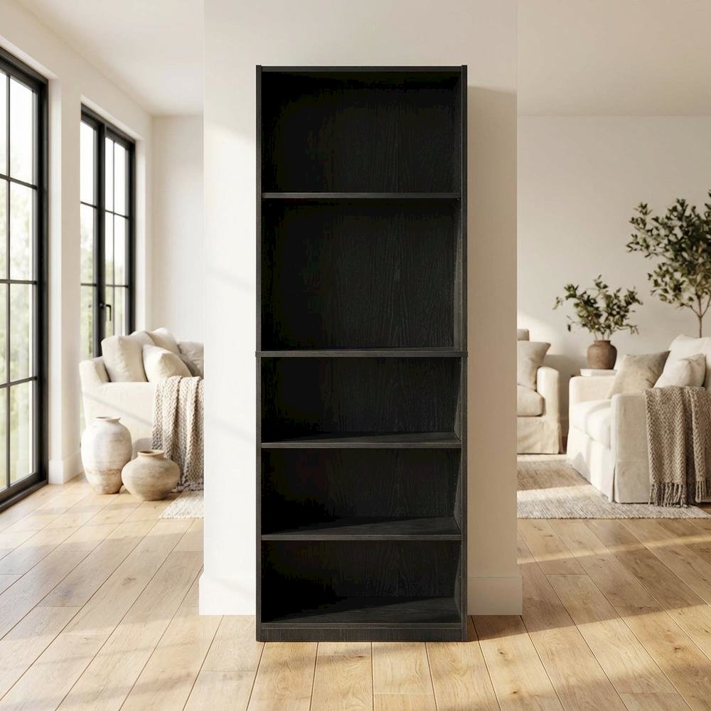 Black 5-Shelf Bookcase with Sturdy Storage and Open Shelving Design