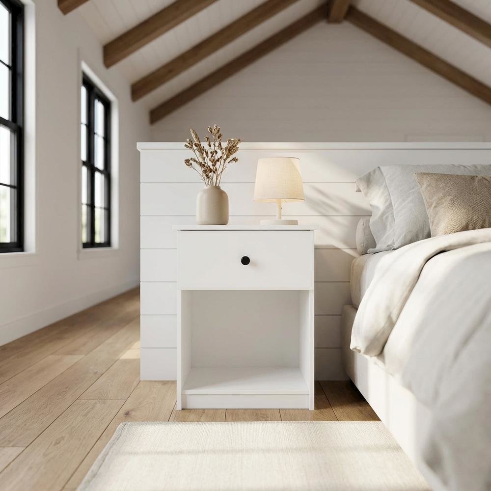 White wooden nightstand with drawer and modern design for bedroom storage