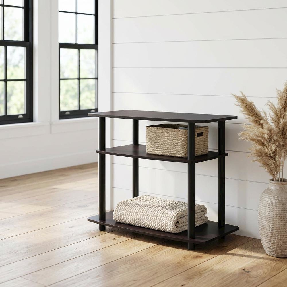 Dark Walnut TV stand with 3-tier open shelves and modern design