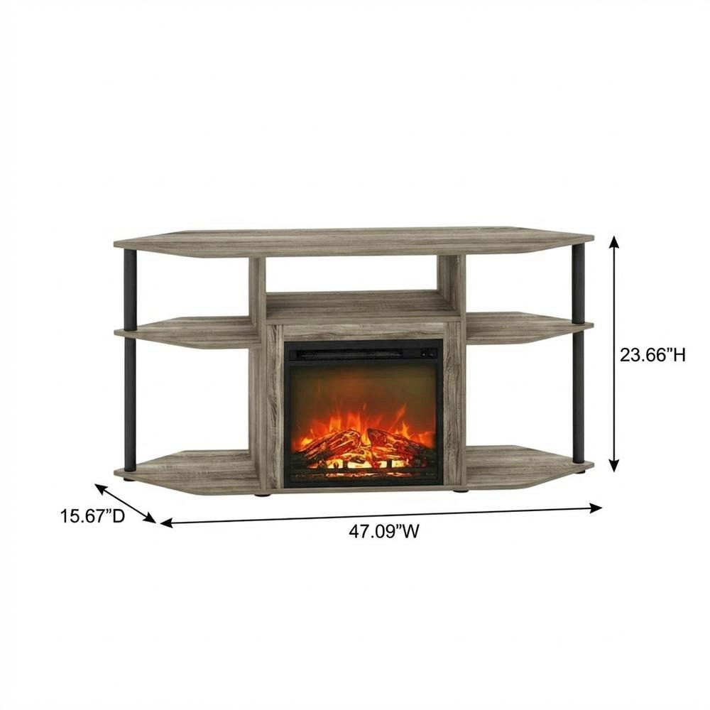 Gray open storage corner fireplace TV stand, 55-inch screens, wood veneer finish