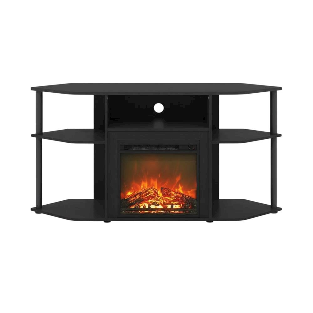 Brown open storage corner fireplace TV stand, 55-inch TVs, wood, veneer finish