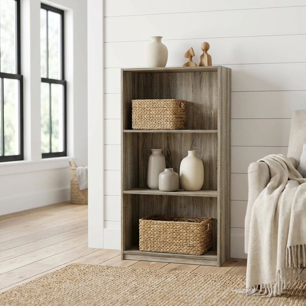 3-Tier Bookcase with Sonoma Oak Finish, Durable Wood Shelves for Home Storage