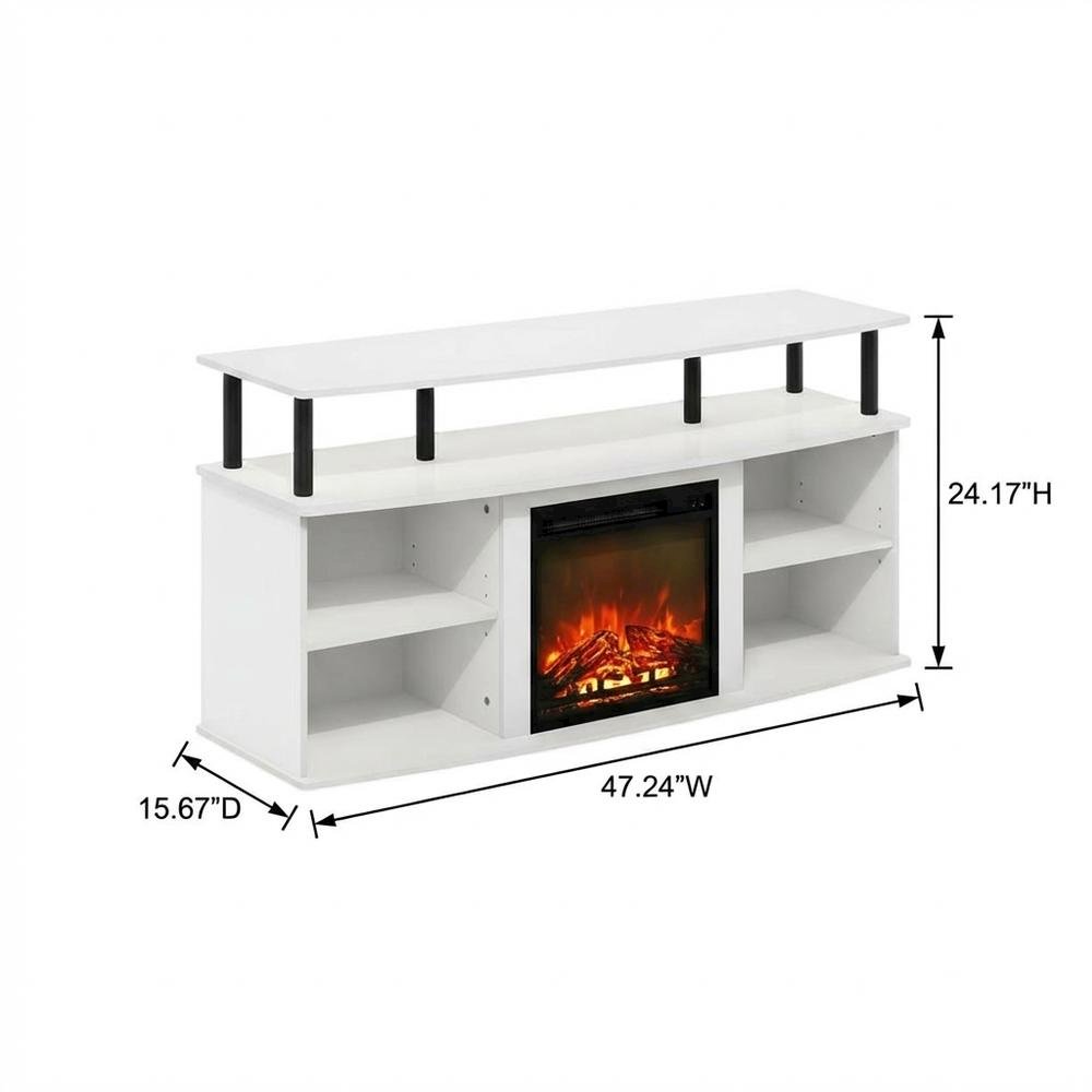 White open shelving, fireplace entertainment center, 55-inch TVs, rubberwood