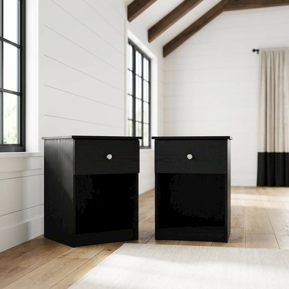 Black Wood Nightstand Set with Drawer - Modern Bedside Storage