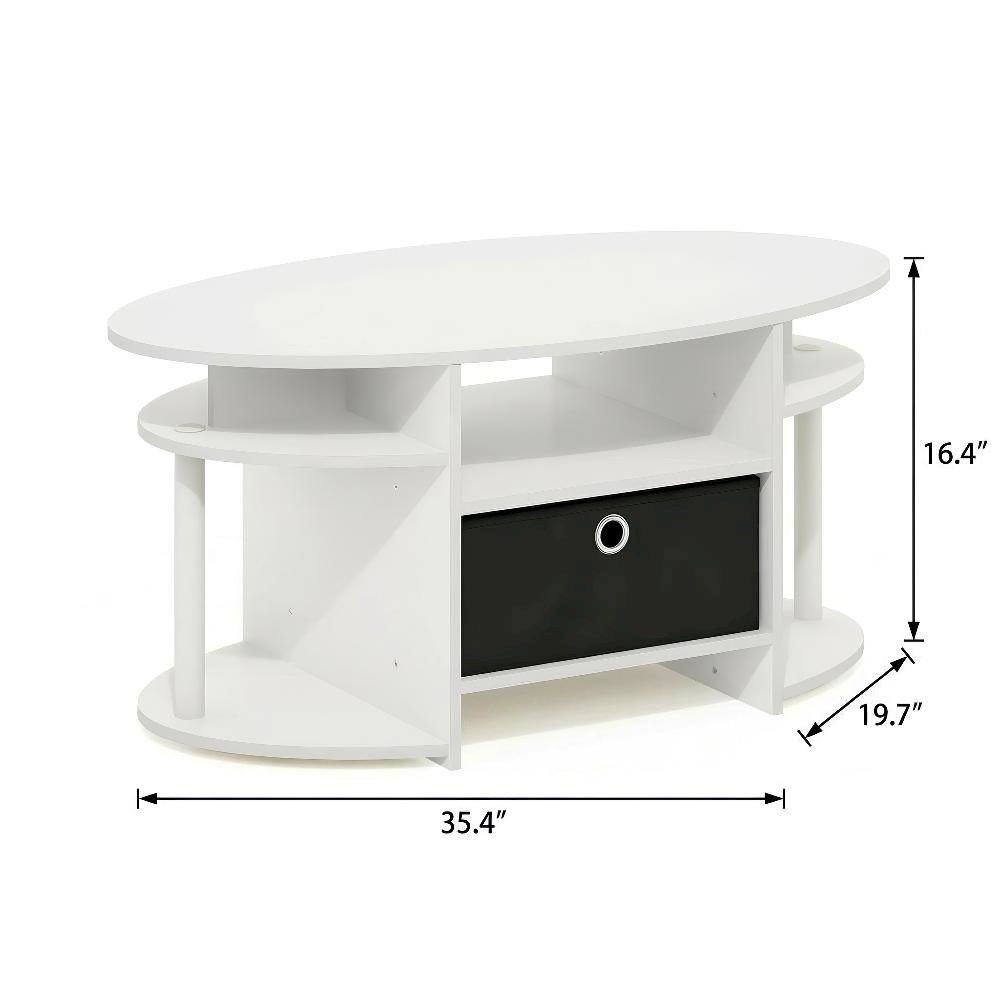 White Oval Coffee Table with Storage Bin and Modern Minimalist Design