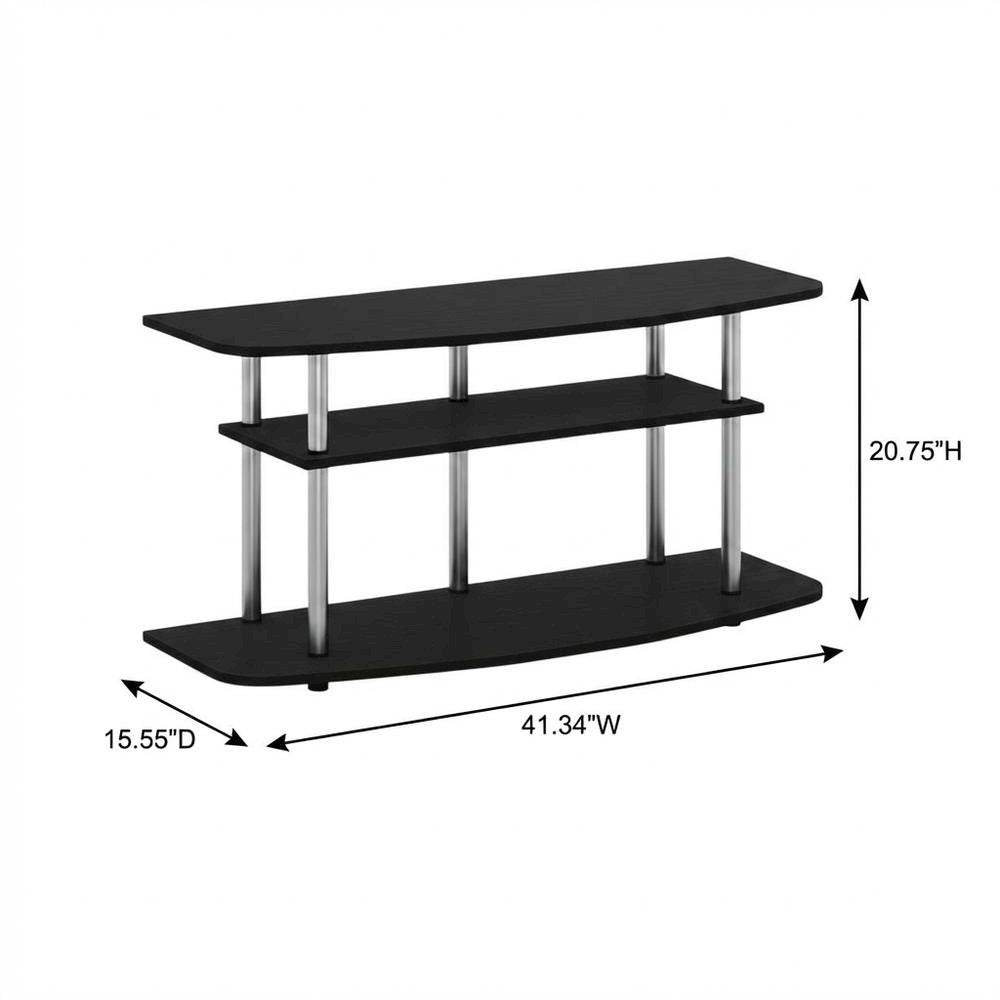 Wood TV stand in black oak finish, 3-tier open shelves, living room storage