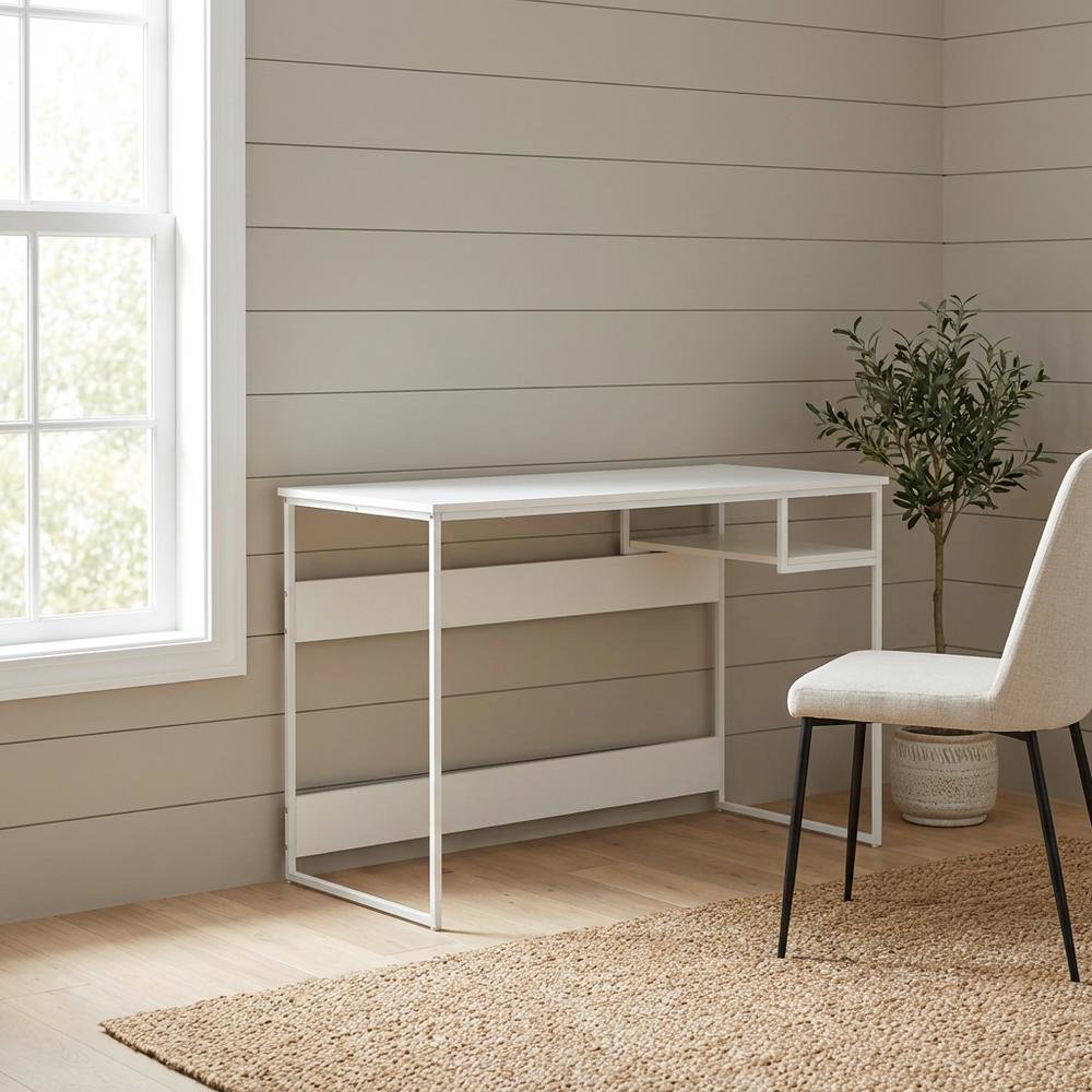 White Study Desk With Solid Finish And Spacious Workspace