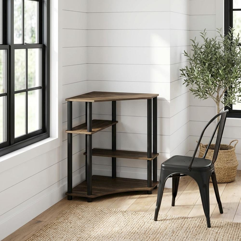 Corner Office Desk With Shelves, Columbia Walnut And Black Finish
