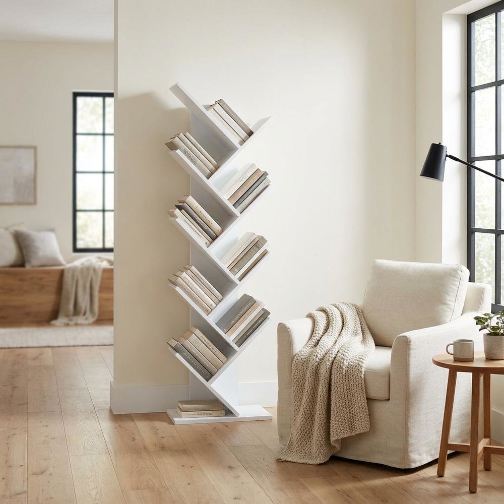 White wooden bookcase with clean design for versatile storage