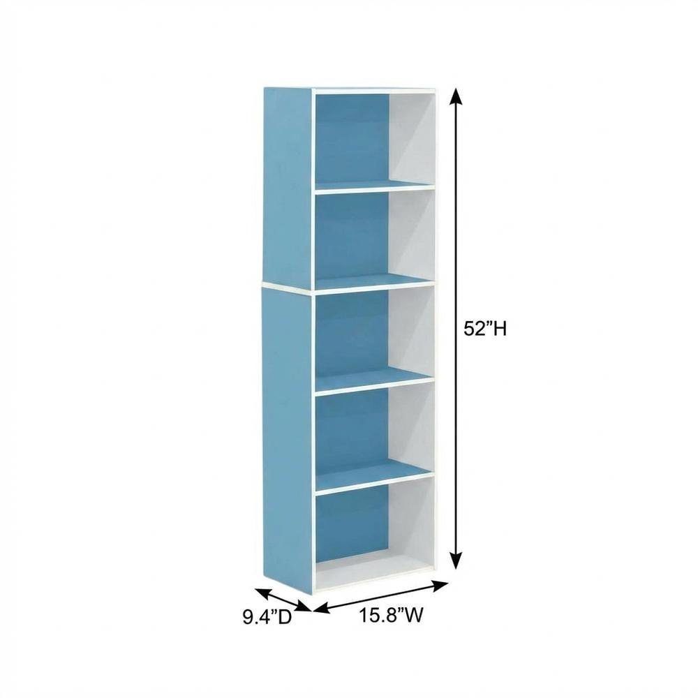 White and Light Blue 5-Tier Reversible Open Shelf Bookcase, Adjustable Shelves