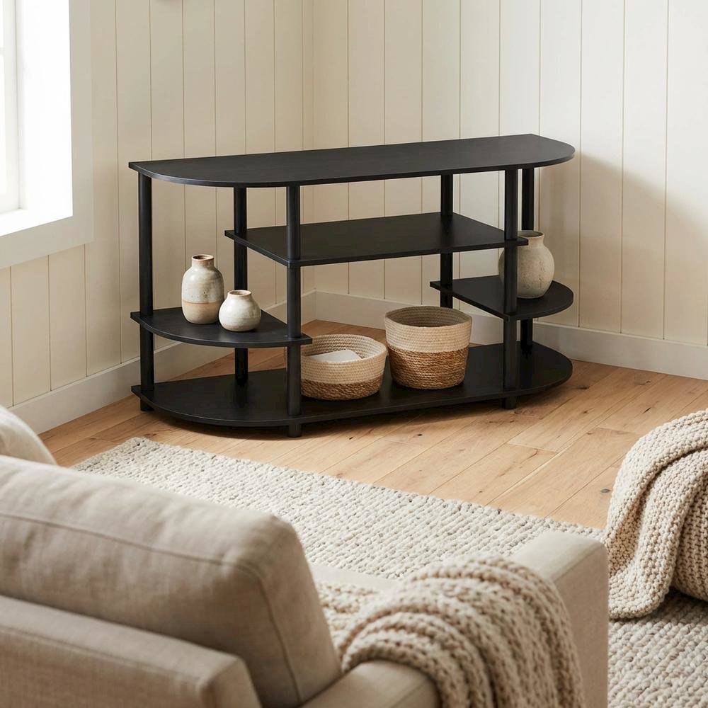 Black corner TV stand, simple design, composite wood, PVC construction
