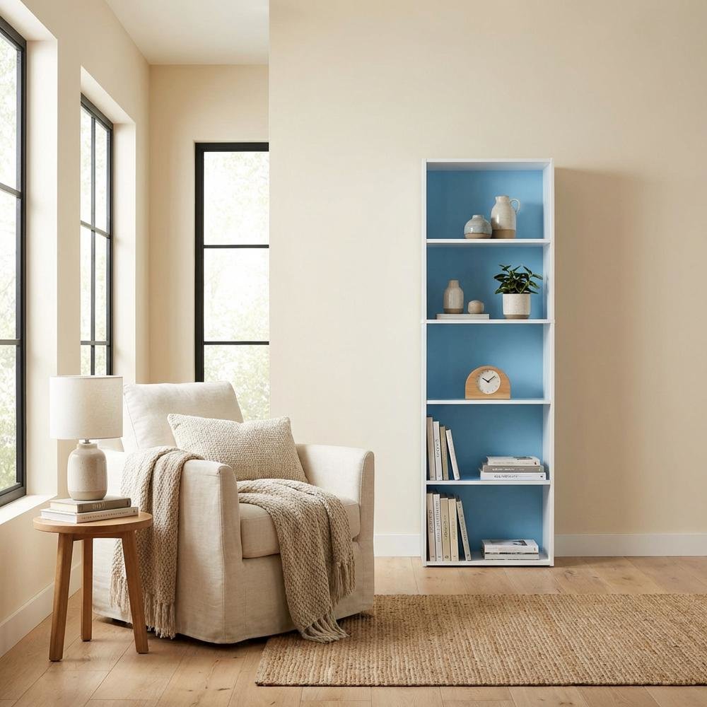 White and Light Blue 5-Tier Reversible Open Shelf Bookcase, Adjustable Shelves