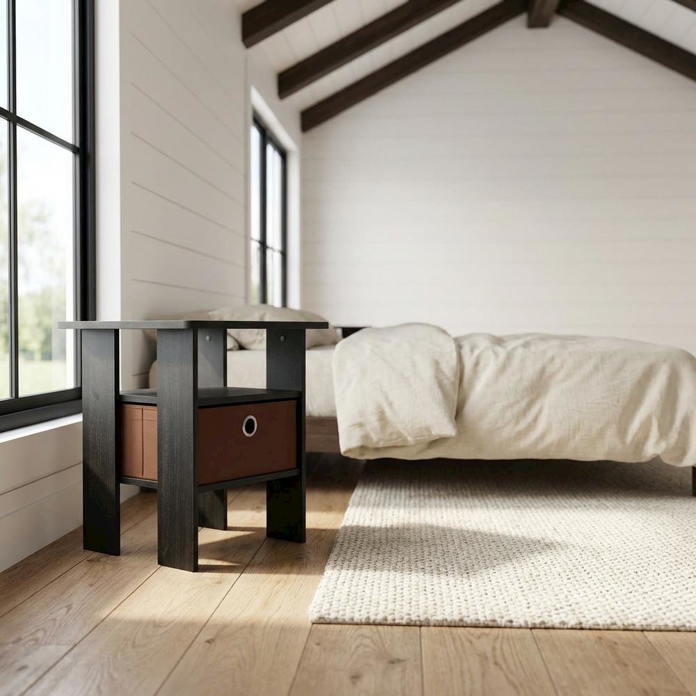 Wooden nightstand set with bin drawer in Americano finish, compact design