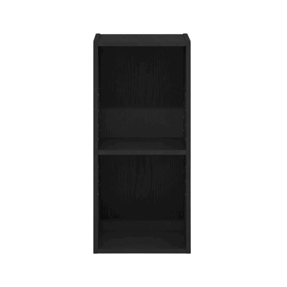 Black wooden bookcase with compact height and modern design, sturdy construction
