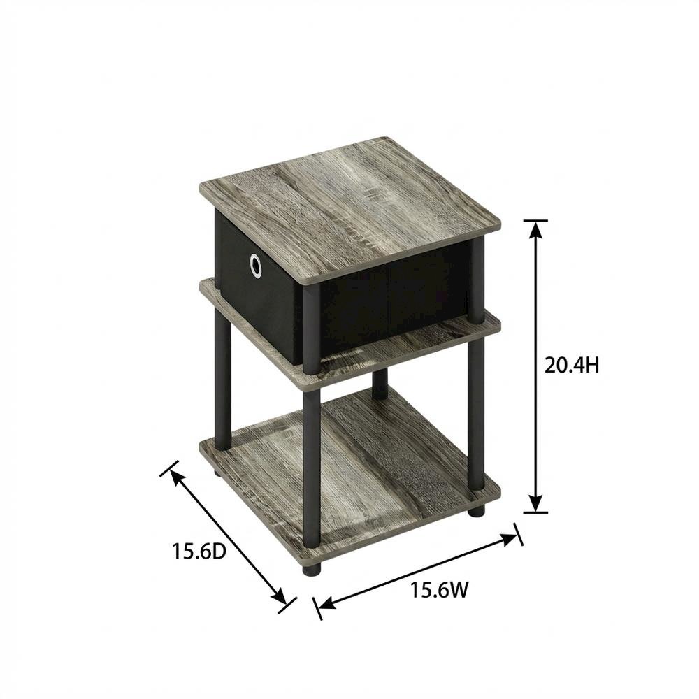 3-Tier End Table with Storage Bin in Grey Oak and Black Finish