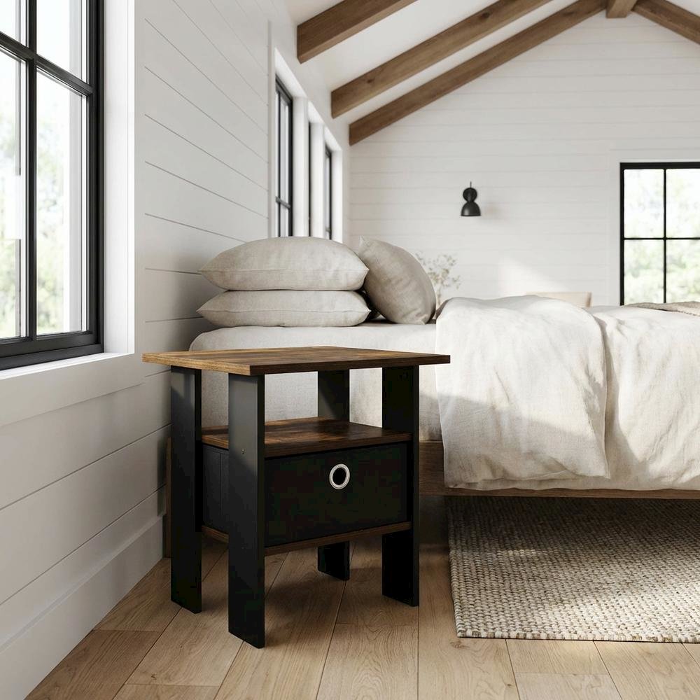 Amber Pine Nightstand with Bin Drawer, Wooden Frame for Cozy Bedroom Storage