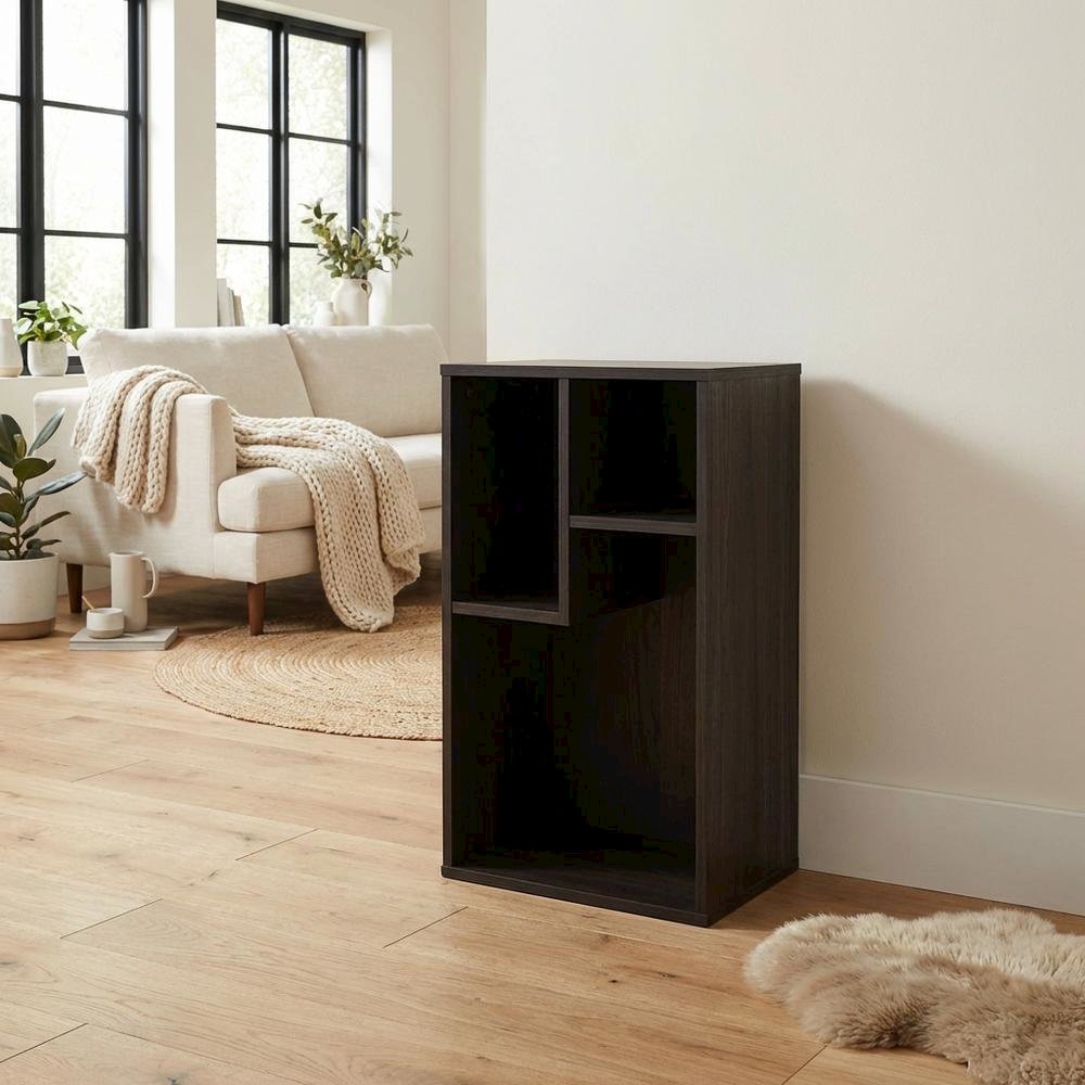 Irregular 3-Cube Bookcase with Espresso Finish, Storage Organizer, Modern Design