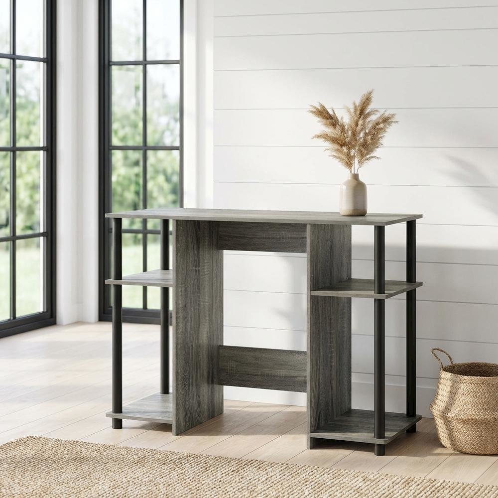 Compact French Oak Grey And Black Study Desk With Modern Design