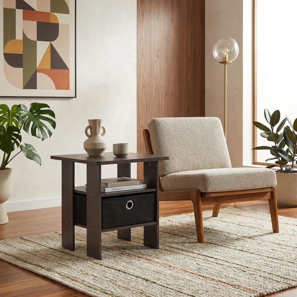Black Wood End Table with Storage Drawer and Modern Design