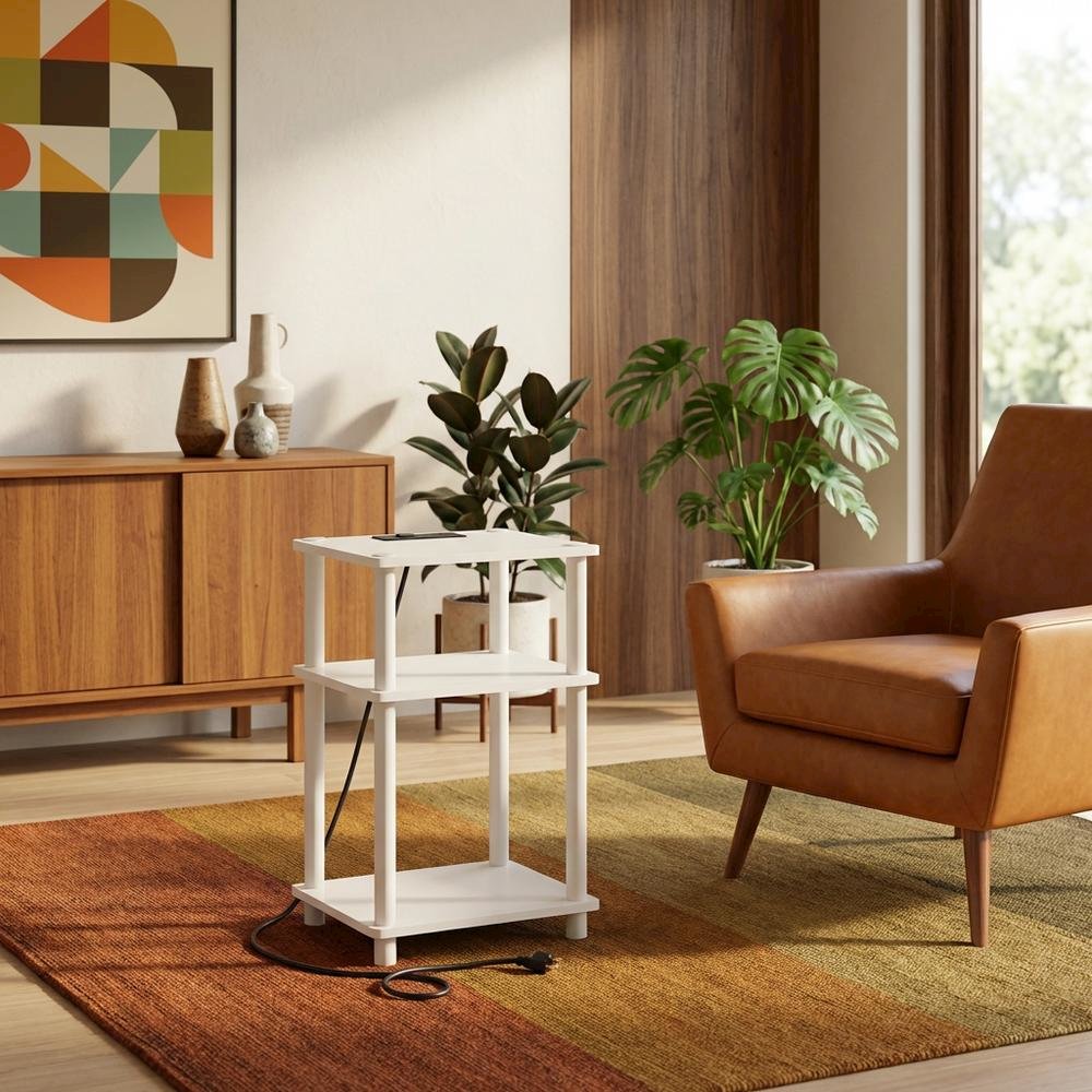 White, Storage Side Table, Open Shelf, USB Charging