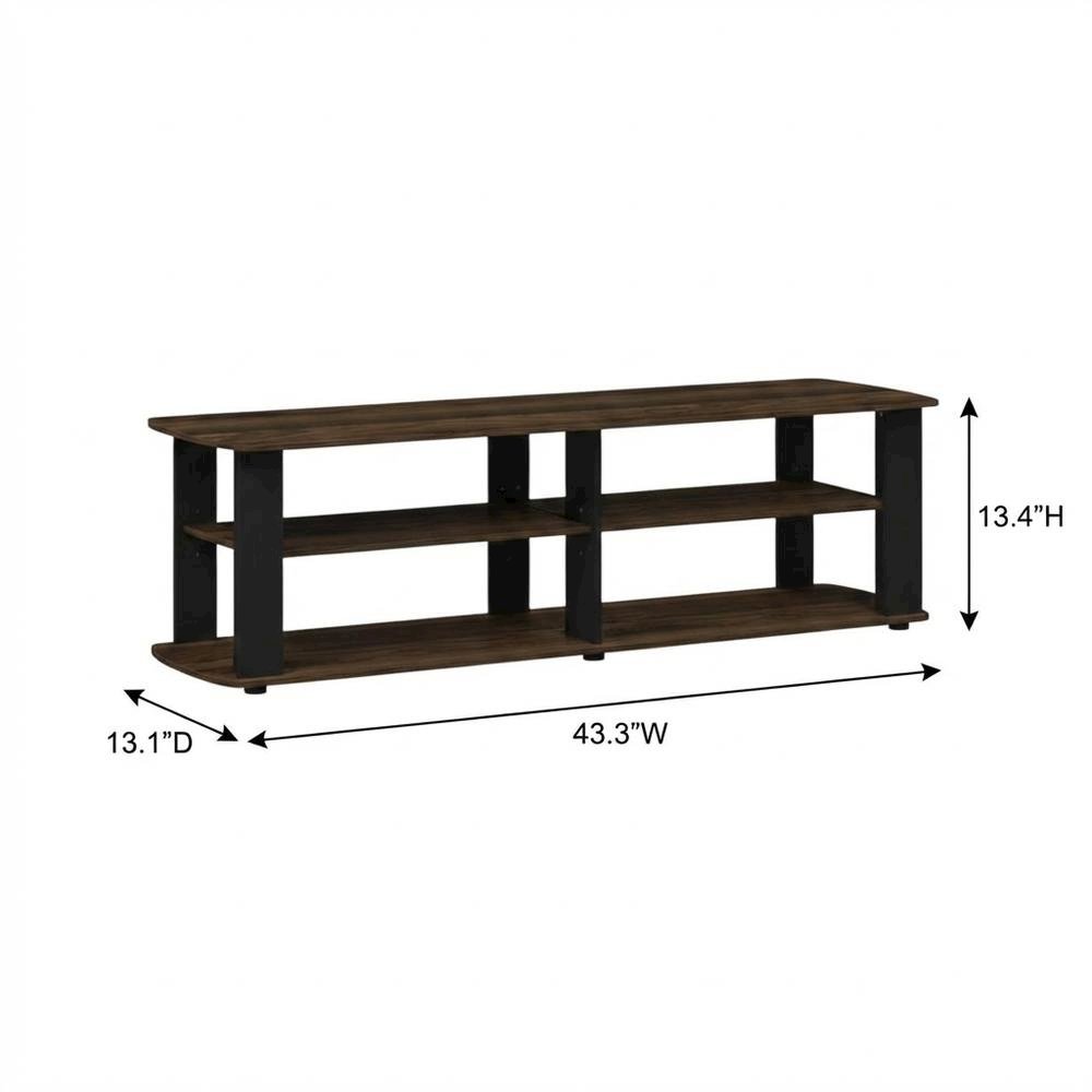 Walnut and black entertainment center with composite wood finish for TV storage