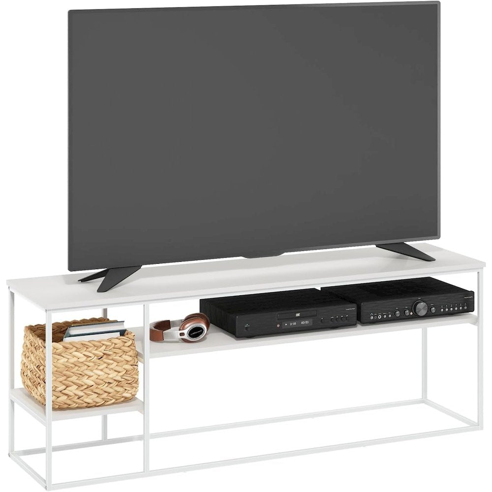 White 65 Inch Entertainment Center with Metal Frame and Open Shelf TV Console