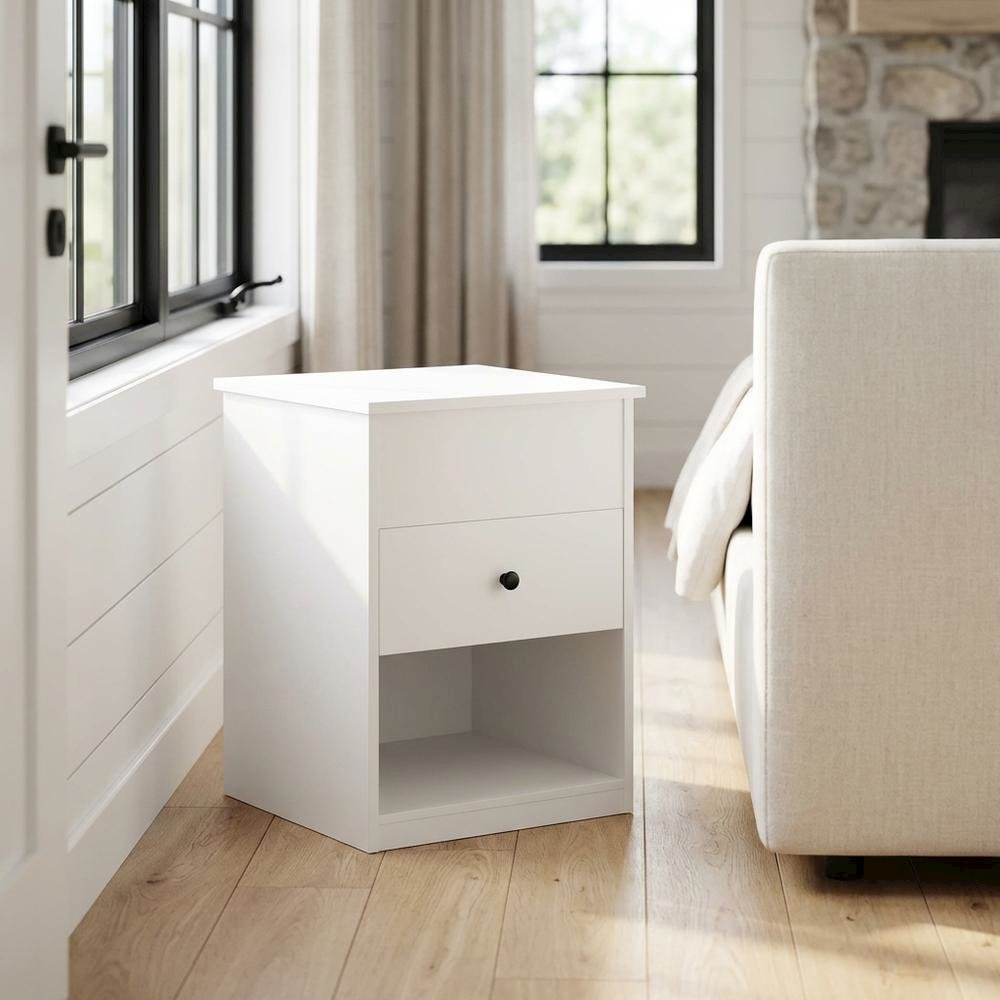 Solid White Lift Top Nightstand with Wooden Finish for Bedroom Storage